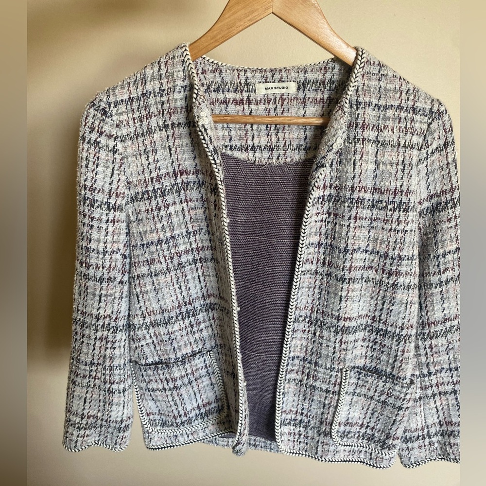 Max Studio Black/Burgundy Tweed Plaid Women's Jacket